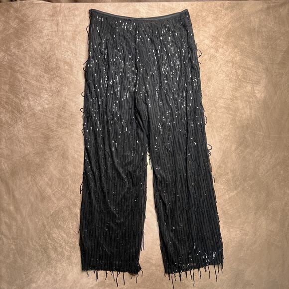 Black Sequin Fringe Sparkle Pants Straight Leg Mesh Party Disco Formal Western - Picture 2 of 8